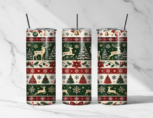 Vintage Reindeer Plaid Tumbler, 20oz Stainless Steel Holiday Cup (Sublimation Design)
