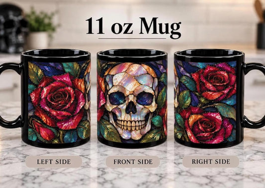 Iridescent Skull & Roses Mug | Gothic Opalescent Stained Glass Coffee Cup (15oz)