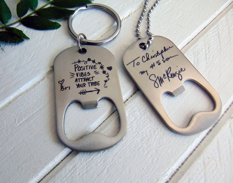 Handwritten Bottle Opener Dog Tag - Key Chain or Ball Chain - Your Handwriting _ or Desgin _ or Custom Font Text - Engraved Stainless Steel
