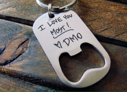 Handwritten Bottle Opener Dog Tag - Key Chain or Ball Chain - Your Handwriting _ or Desgin _ or Custom Font Text - Engraved Stainless Steel