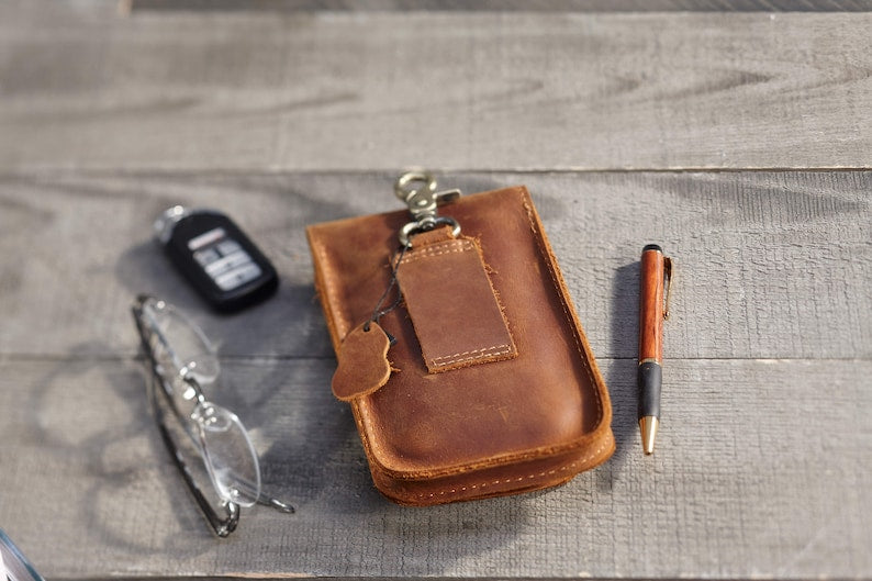 Personalized Crazy Horse Leather Phone Holster, Custom Engraved Double Belt Pouch for Workers
