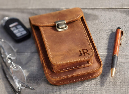 Personalized Crazy Horse Leather Phone Holster, Custom Engraved Double Belt Pouch for Workers