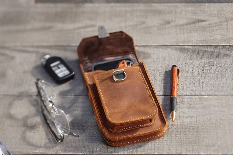 Personalized Crazy Horse Leather Phone Holster, Custom Engraved Double Belt Pouch for Workers