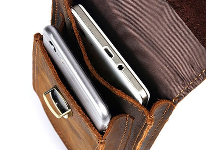 Personalized Crazy Horse Leather Phone Holster, Custom Engraved Double Belt Pouch for Workers