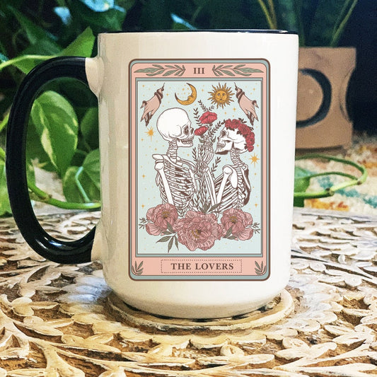 Tarot Card Mug, Occult tarot mug, The Lovers Tarot mug, witchy skeleton tarot mug, witchy tarot card mug, skeleton lovers mug, valentine mug