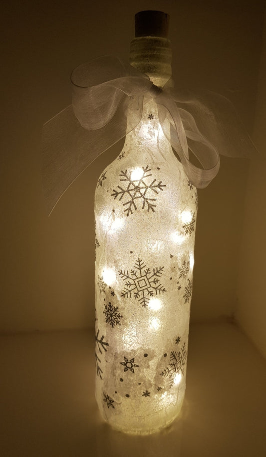 Snowflake Bottle Lamp | Winter themed light | Decoupage Christmas Table Decor