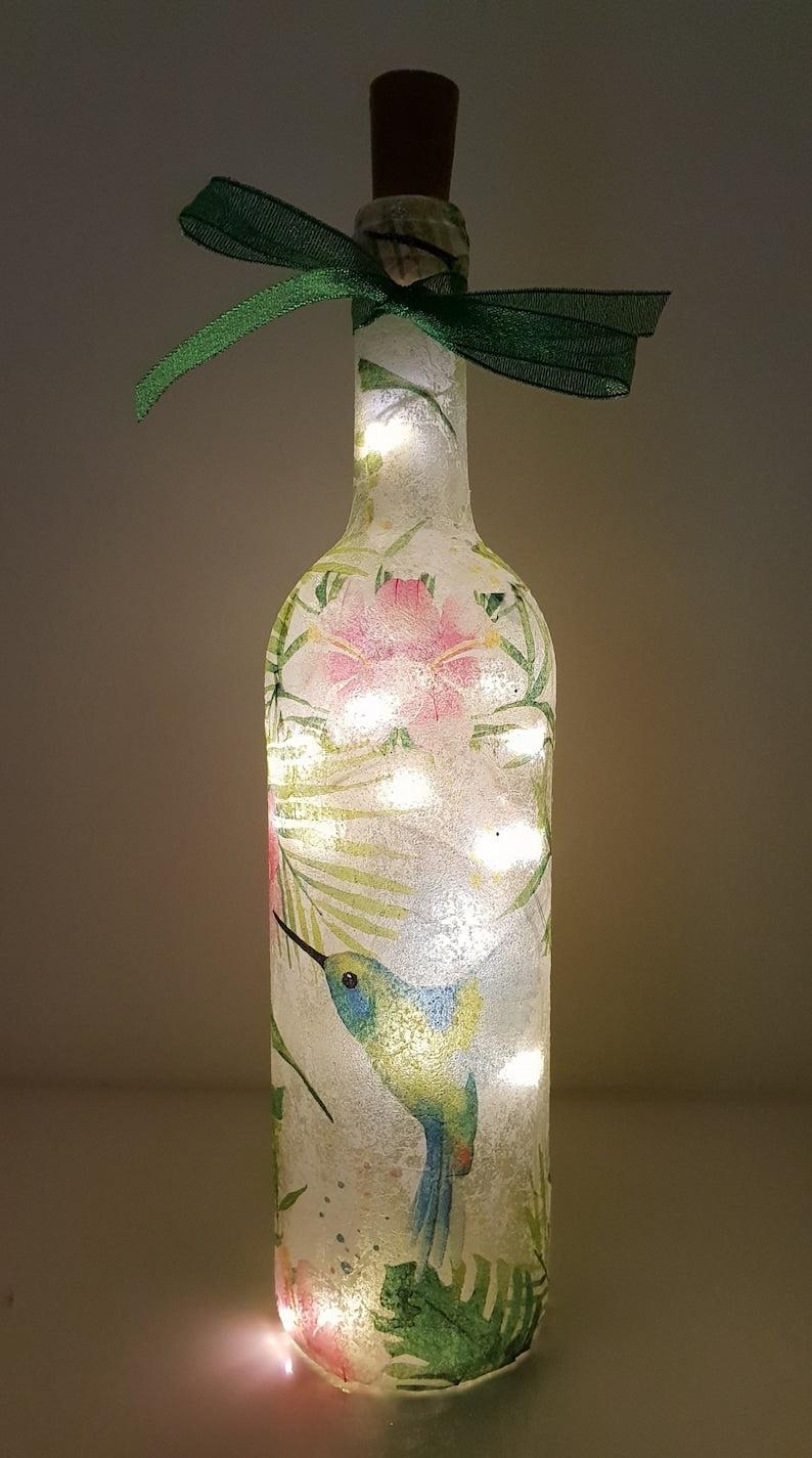 Hummingbird Bottle Lamp | Handmade LED Glass Bottle Light | Bird Lover Gift | Nature Home Decor