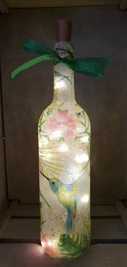 Hummingbird Bottle Lamp | Handmade LED Glass Bottle Light | Bird Lover Gift | Nature Home Decor