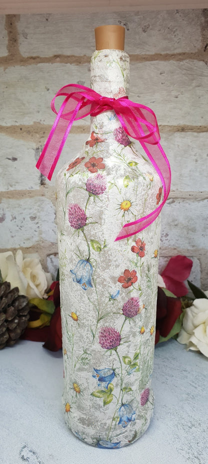 Meadow Flower Bottle Lamp | Floral lighting | Decoupage Glass Decor