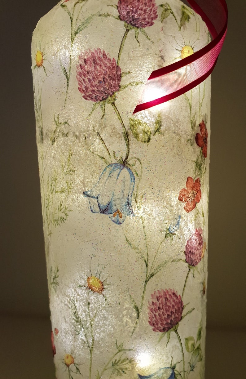 Meadow Flower Bottle Lamp | Floral lighting | Decoupage Glass Decor