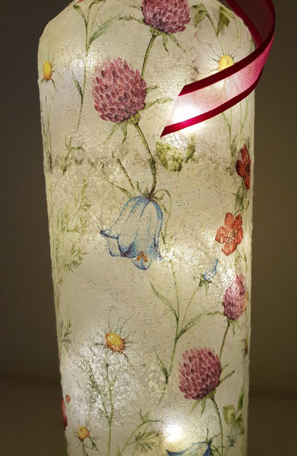 Meadow Flower Bottle Lamp | Floral lighting | Decoupage Glass Decor