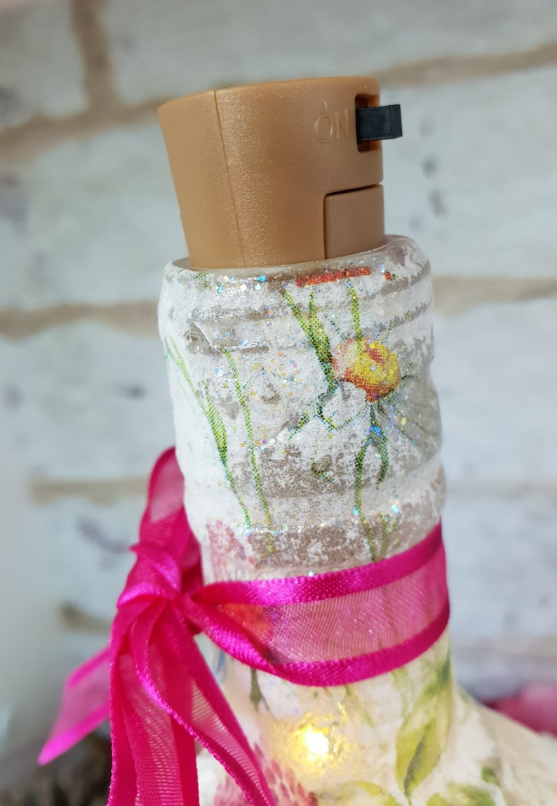 Meadow Flower Bottle Lamp | Floral lighting | Decoupage Glass Decor