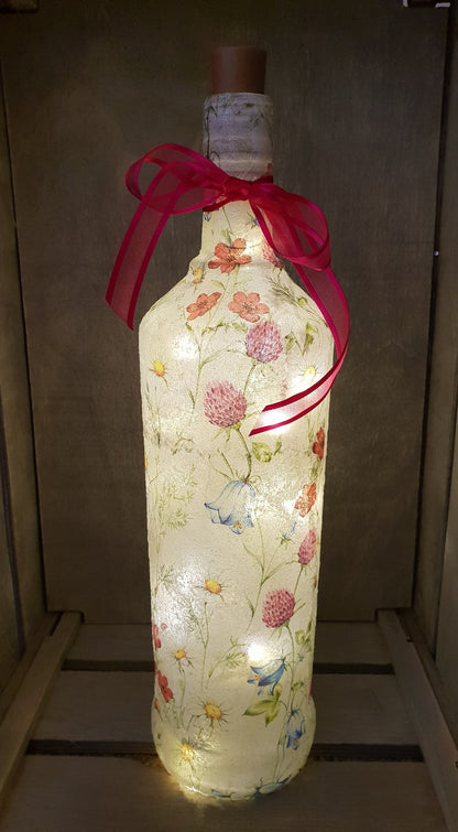 Meadow Flower Bottle Lamp | Floral lighting | Decoupage Glass Decor