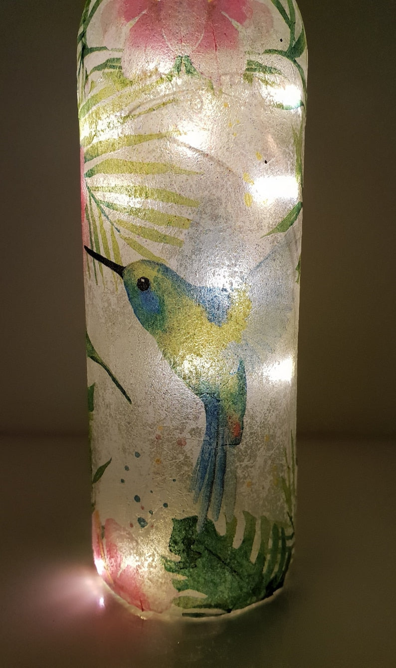 Hummingbird Bottle Lamp | Handmade LED Glass Bottle Light | Bird Lover Gift | Nature Home Decor