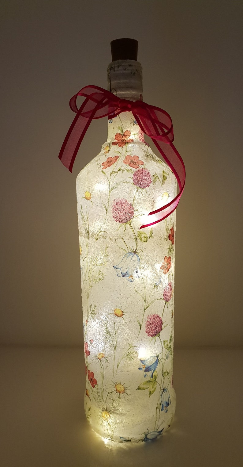 Meadow Flower Bottle Lamp | Floral lighting | Decoupage Glass Decor