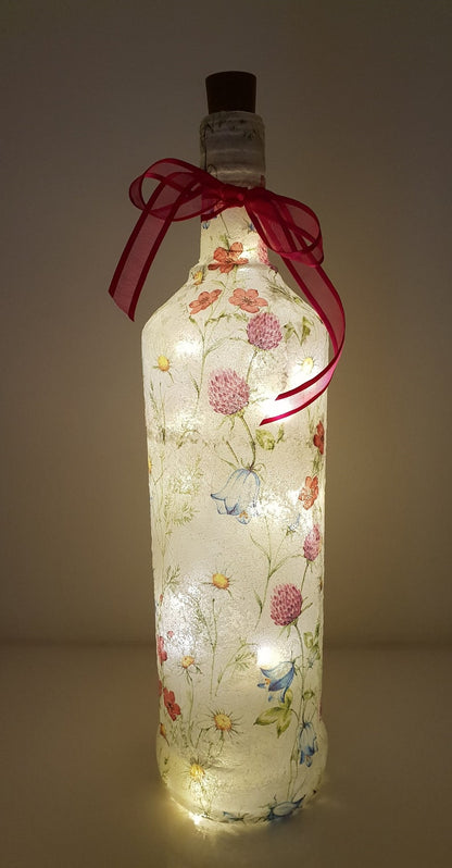 Meadow Flower Bottle Lamp | Floral lighting | Decoupage Glass Decor