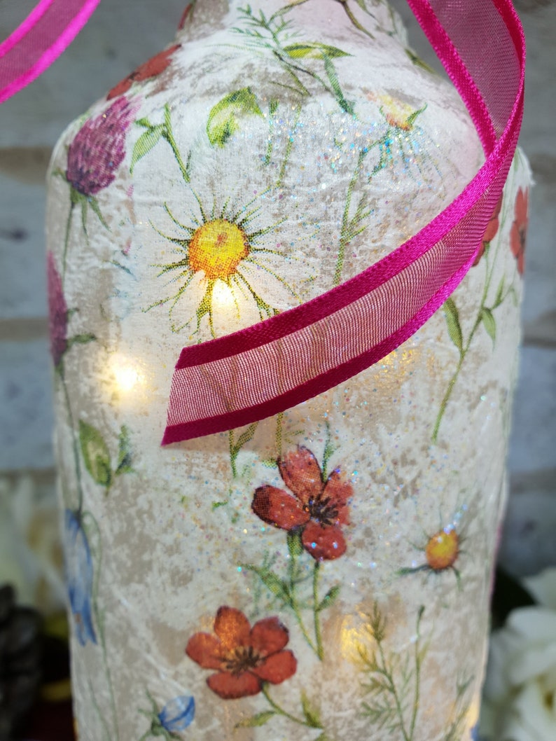 Meadow Flower Bottle Lamp | Floral lighting | Decoupage Glass Decor