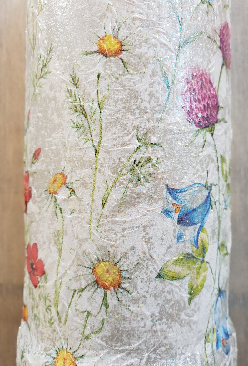 Meadow Flower Bottle Lamp | Floral lighting | Decoupage Glass Decor