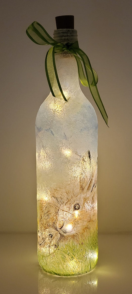 Hare Bottle Lamp | Decoupage Handmade Light | Countryside themed gift