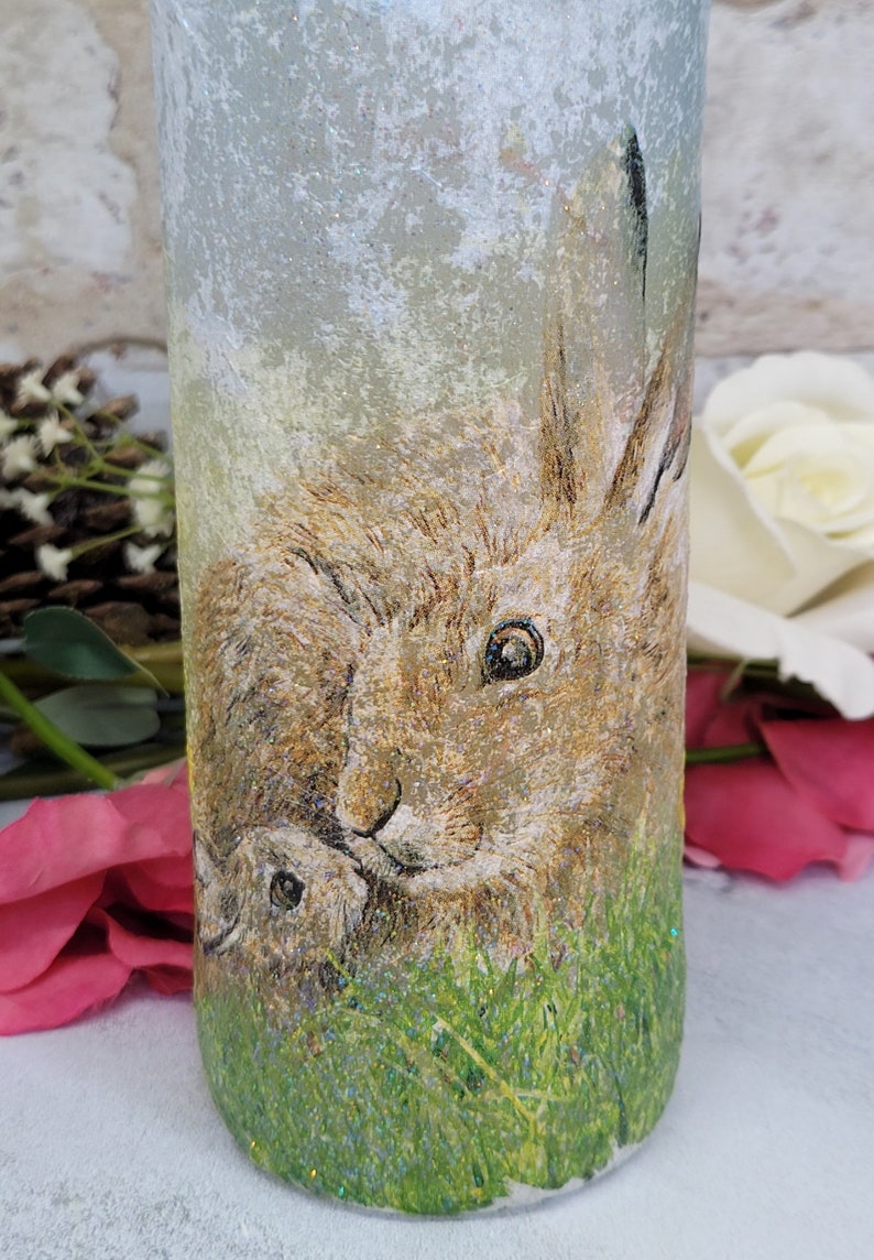 Hare Bottle Lamp | Decoupage Handmade Light | Countryside themed gift