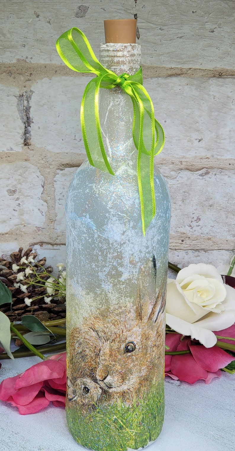 Hare Bottle Lamp | Decoupage Handmade Light | Countryside themed gift