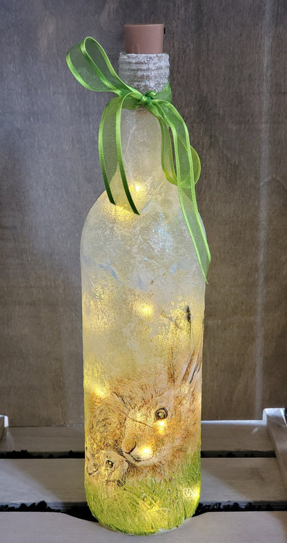 Hare Bottle Lamp | Decoupage Handmade Light | Countryside themed gift