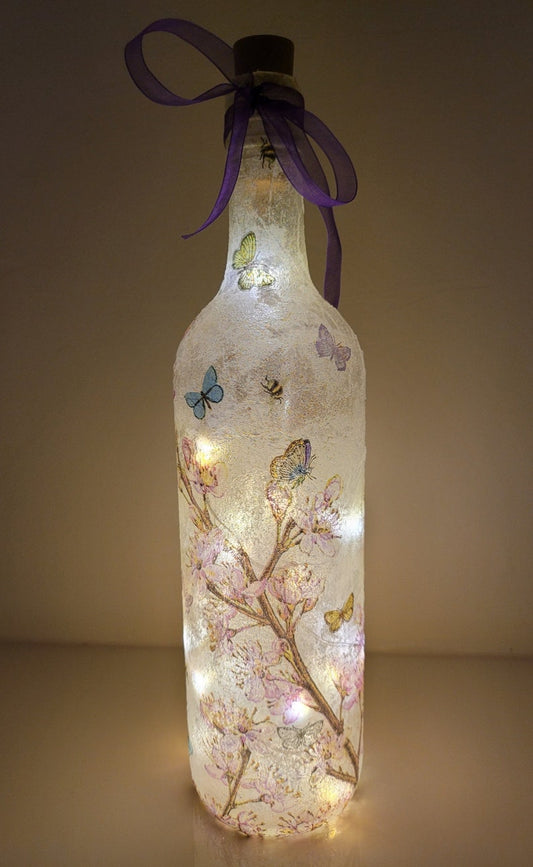 Cherry Blossom Bottle Lamp LED | Butterfly Decor | Handmade Floral Gift | Cottagecore