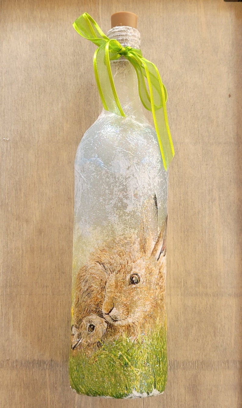 Hare Bottle Lamp | Decoupage Handmade Light | Countryside themed gift