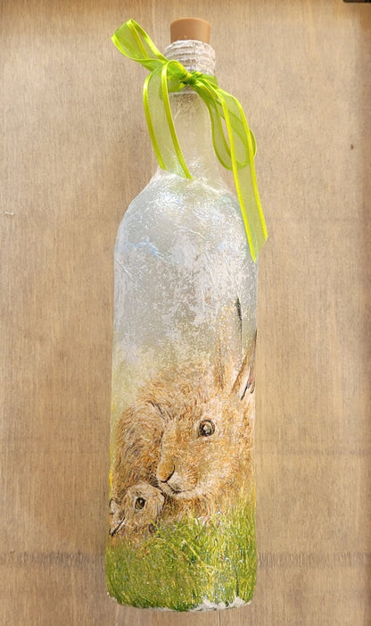 Hare Bottle Lamp | Decoupage Handmade Light | Countryside themed gift