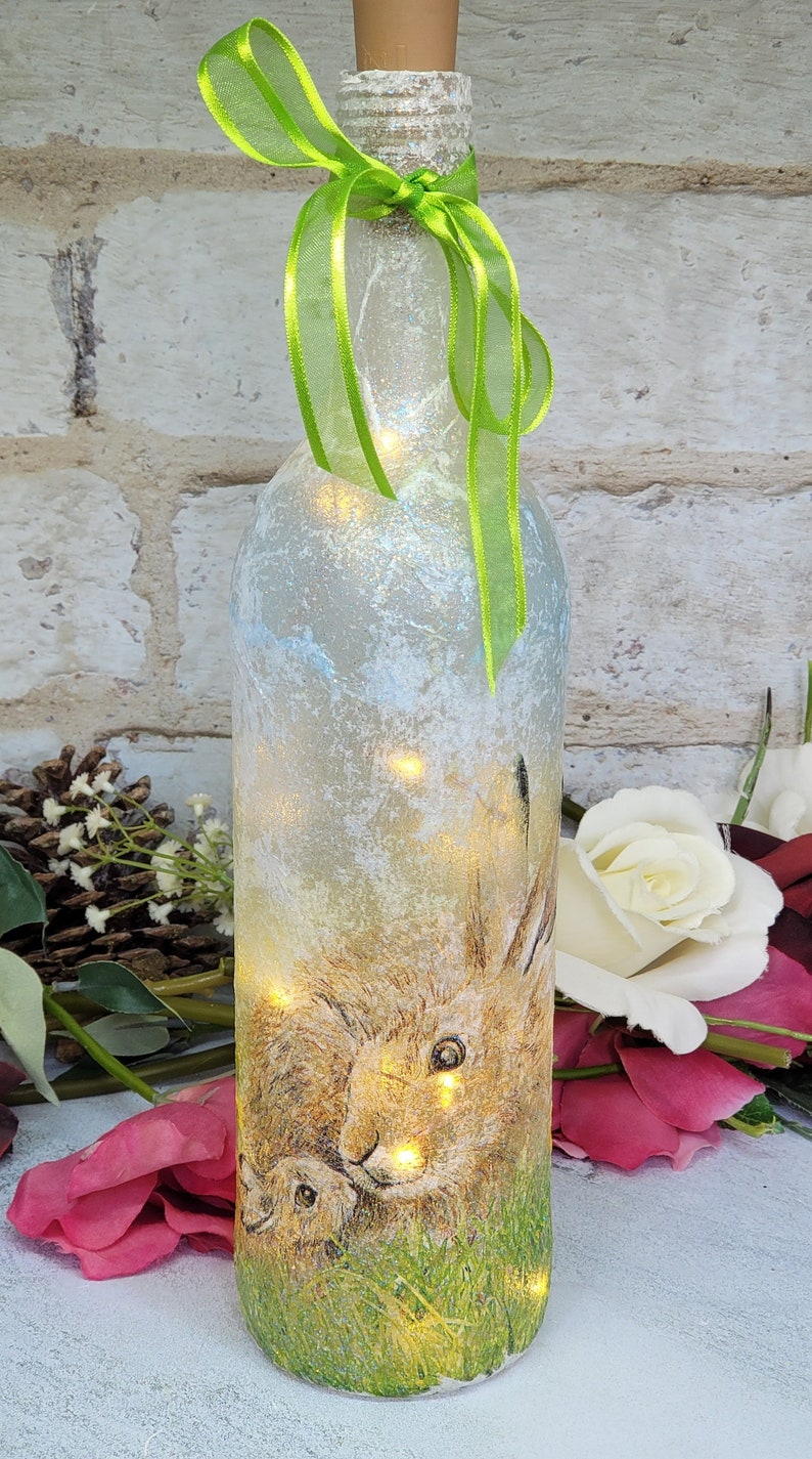 Hare Bottle Lamp | Decoupage Handmade Light | Countryside themed gift