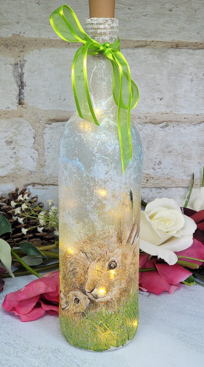 Hare Bottle Lamp | Decoupage Handmade Light | Countryside themed gift