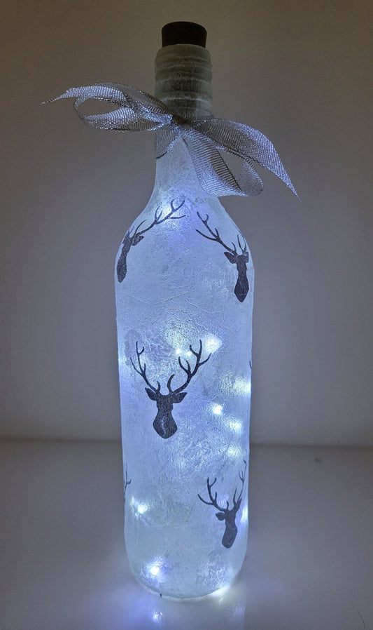 Stag Bottle Lamp | Handmade Decoupage Glass Light | Winter themed Decor