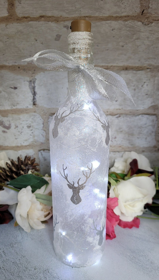 Stag Bottle Lamp | Handmade Decoupage Glass Light | Winter themed Decor