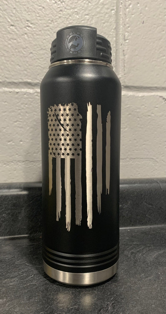 Laser Engraved 32 oz Polar Camel Water Bottle – Distressed American Flag, Insulated Stainless Steel Tumbler, Patriotic Gift