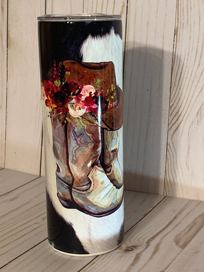 Country Cowgirl 20oz Tumbler, Boho Country, Farm Girl Cup, Cow Hide and Boots, Cowgirl Hat and Flowers, Stainless Steel Cup, Travel Cup,