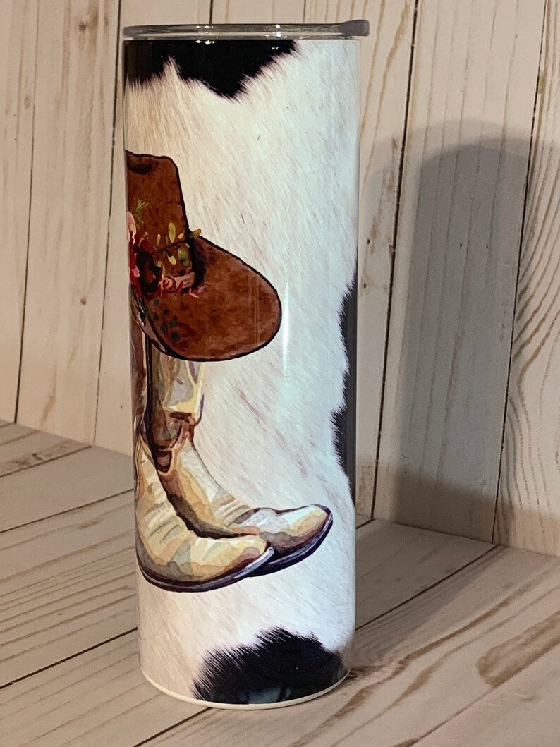 Country Cowgirl 20oz Tumbler, Boho Country, Farm Girl Cup, Cow Hide and Boots, Cowgirl Hat and Flowers, Stainless Steel Cup, Travel Cup,