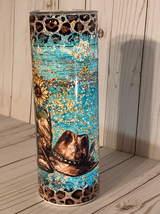 Boho Country 20oz Tumbler, Turquoise And Cowboy Hats, Farm Sunflowers, Animal Print, Hot or Cold Liquids, Stainless Steel Cup, Travel Cup,