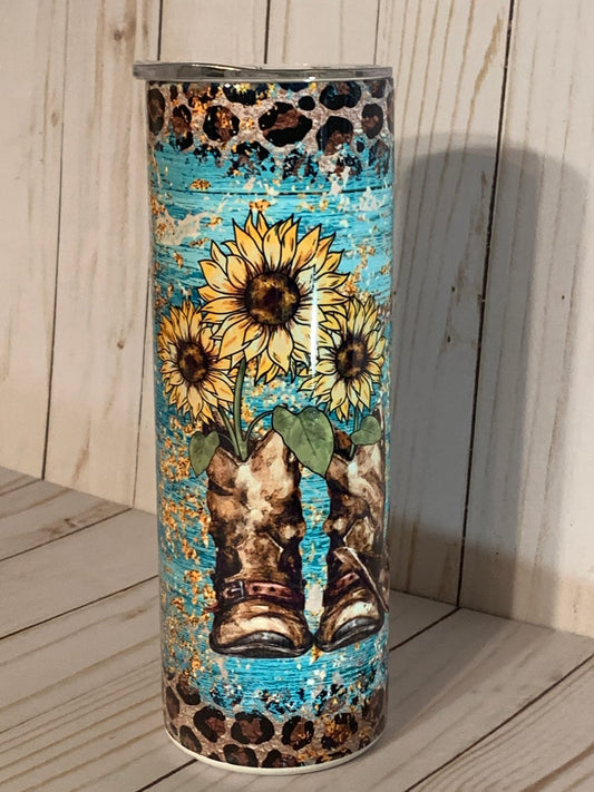 Boho Country 20oz Tumbler, Turquoise And Cowboy Hats, Farm Sunflowers, Animal Print, Hot or Cold Liquids, Stainless Steel Cup, Travel Cup,