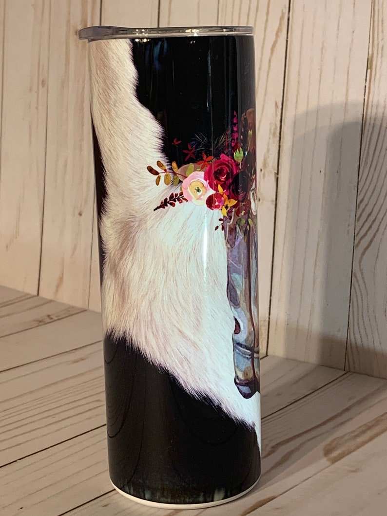 Country Cowgirl 20oz Tumbler, Boho Country, Farm Girl Cup, Cow Hide and Boots, Cowgirl Hat and Flowers, Stainless Steel Cup, Travel Cup,