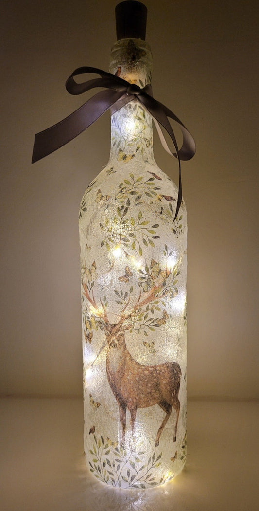 Woodland Stag Bottle Lamp LED | Decoupage Rustic Decor | Handmade Glass Gift | Wildlife Light