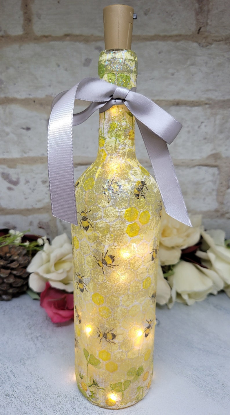 Bumble Bee Bottle Lamp | Decoupage LED Light | Insect themed Gift
