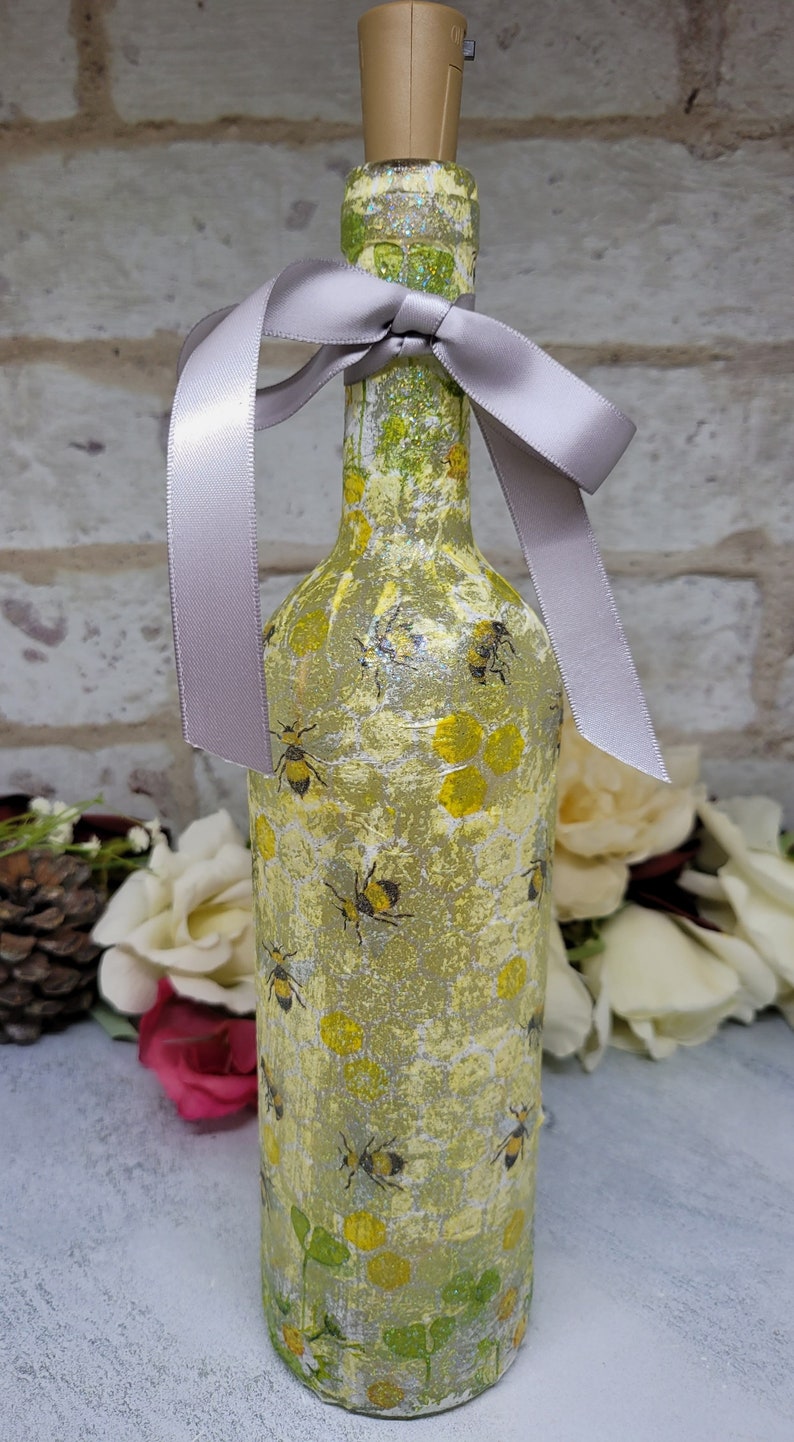 Bumble Bee Bottle Lamp | Decoupage LED Light | Insect themed Gift