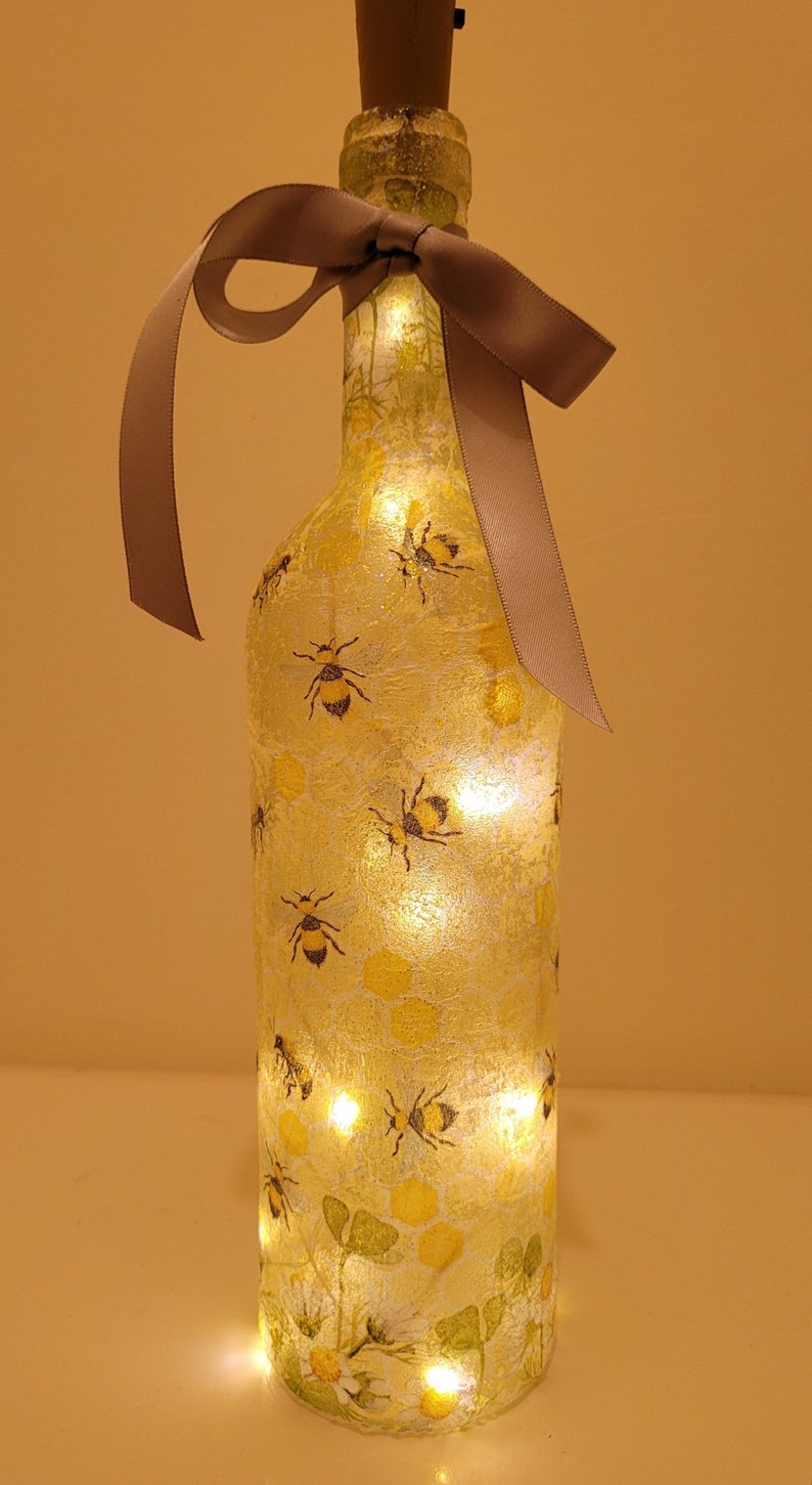 Bumble Bee Bottle Lamp | Decoupage LED Light | Insect themed Gift