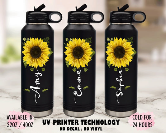 Sunflower Tumbler, Sunflower Water Bottle, Stainless Steel Water Bottle, Sunflower Gift, Custom Water Bottle, Bachelorette Tumblers