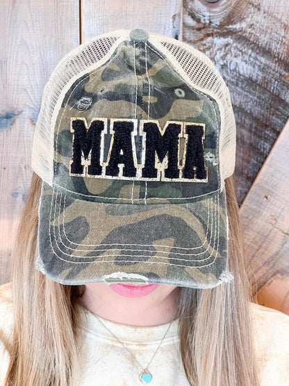 Mama Chenille Patch Camo Hat - Distressed Camouflage Cap