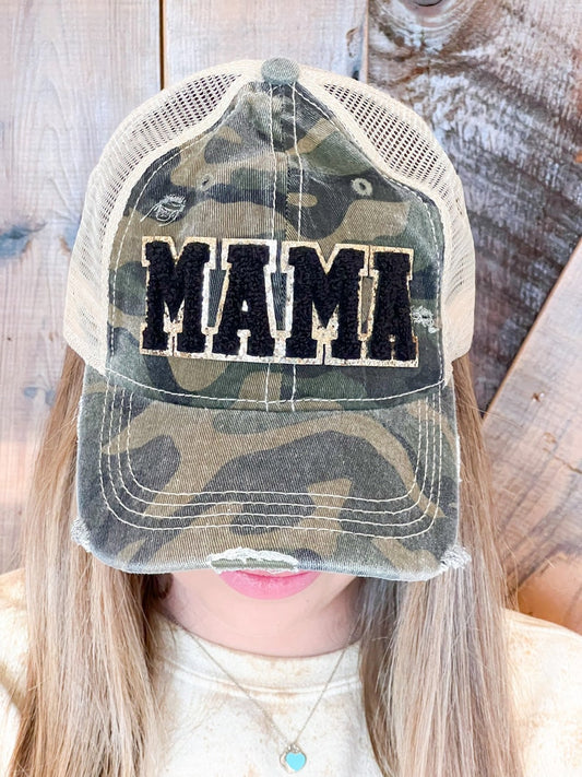 Mama Chenille Patch Camo Hat - Distressed Camouflage Cap