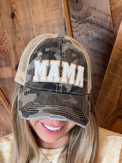 Mama Chenille Patch Camo Hat - Distressed Camouflage Cap