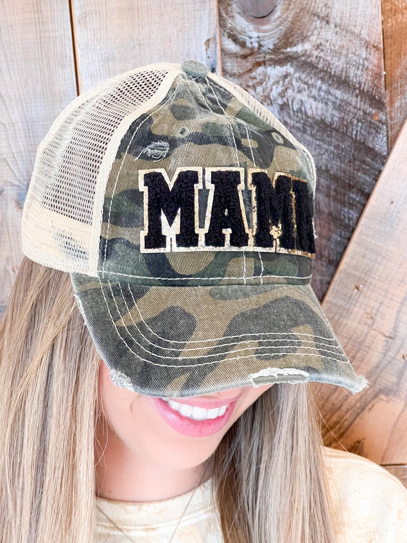 Mama Chenille Patch Camo Hat - Distressed Camouflage Cap