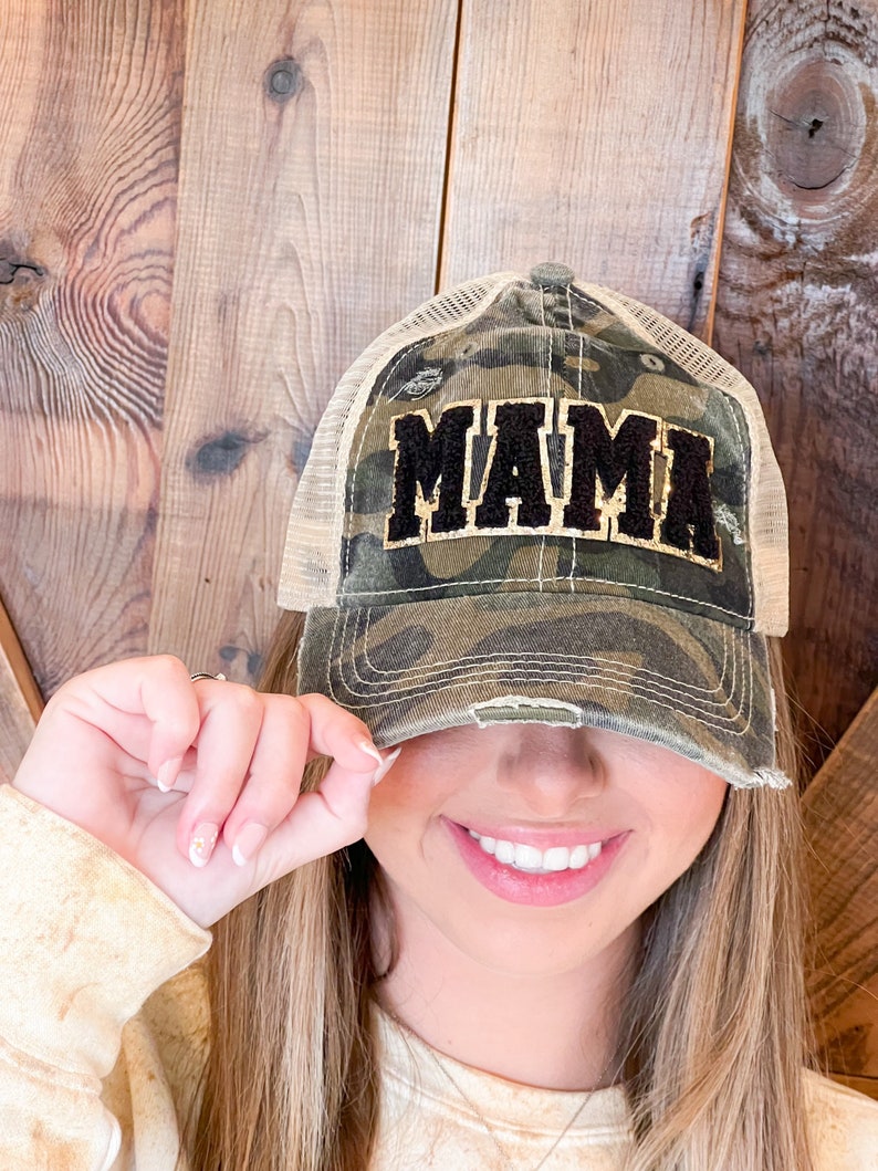 Mama Chenille Patch Camo Hat - Distressed Camouflage Cap