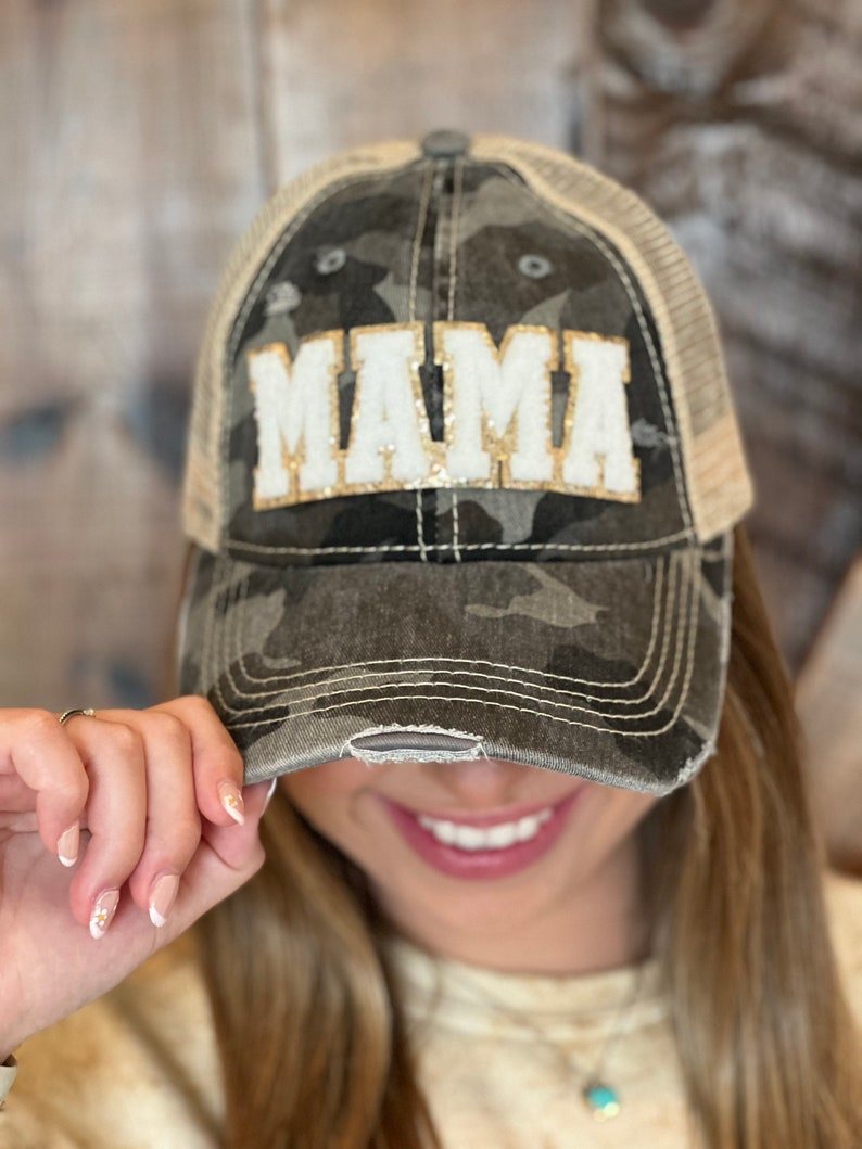Mama Chenille Patch Camo Hat - Distressed Camouflage Cap